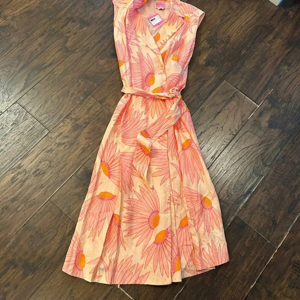 NWT $598 MSRP Falling Flower Jacquard Dress silk satin floral orange pink sz 0